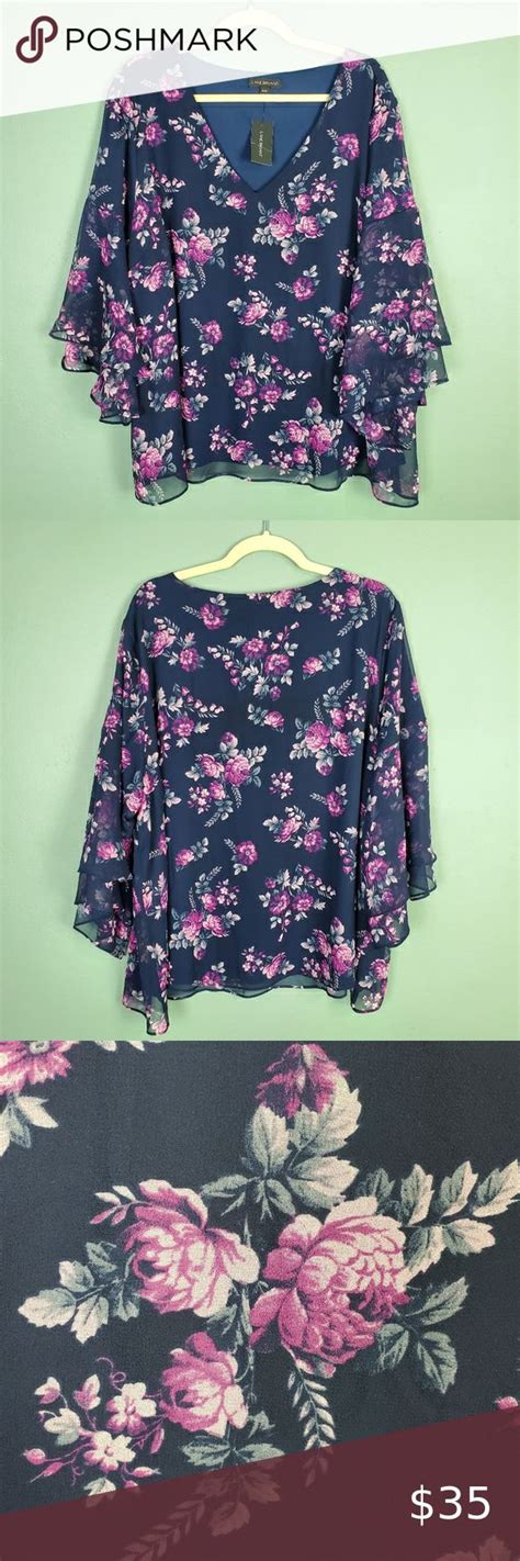 Lane Bryant Floral Blue Bell Sleeve Blouse 22 24 Bell Sleeve Blouse