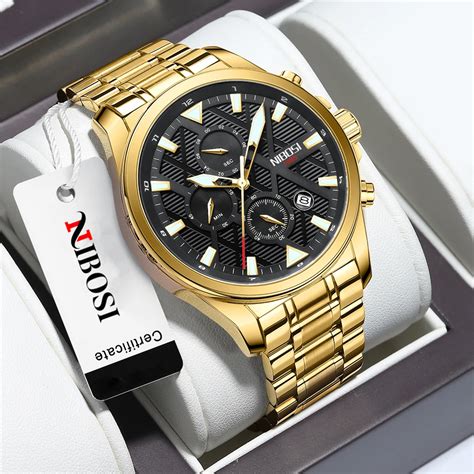 NIBOSI Reloj Deportivo De Lujo Para Hombre Cron Grafo Dorado Resistente