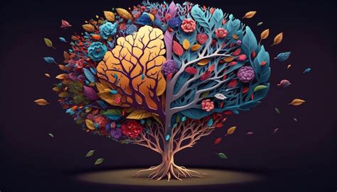 Human Brain Tree With Flowers Self Care And Mental Health Concept