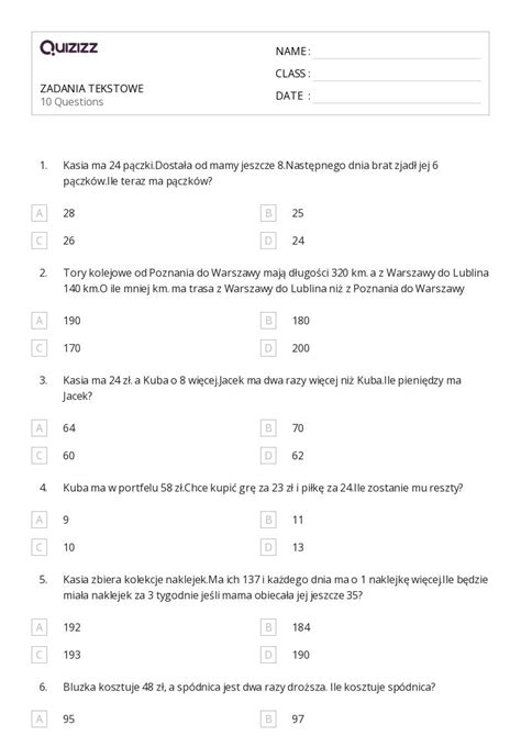 Ponad 50 Zadania Tekstowe Na Dodawanie Arkuszy Roboczych Dla Klasa 4 W