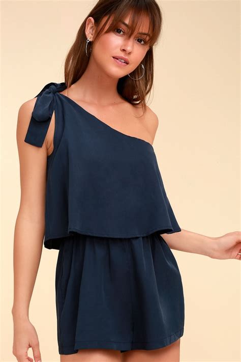 Chic Navy Blue Romper One Shoulder Romper Lulus