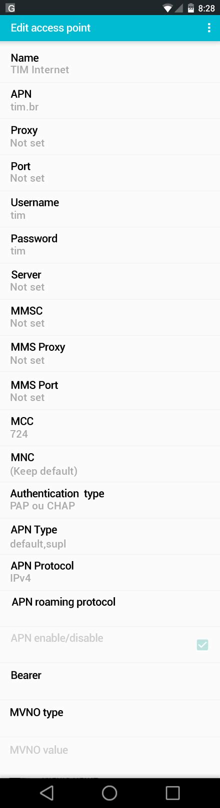 TIM Motorola DROID Turbo Internet Configurações de APN para o Brasil