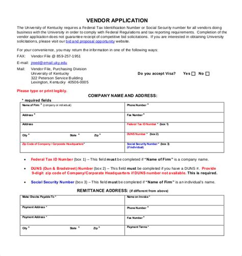 Free Vendor Application Form Template