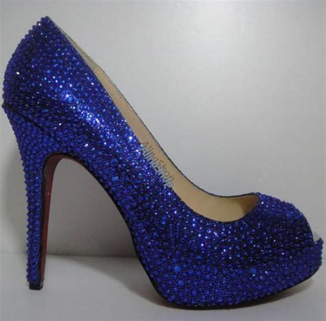 Royal Blue Wedding Shoes Sparkle Bridal Shoes Heels Open Toe Prom Shoes