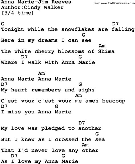 Country Music Anna Marie Jim Reeves Lyrics And Chords