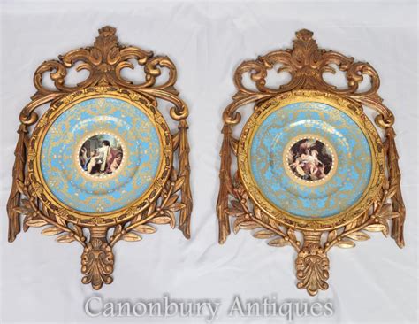 Set 4 French Sevres Porcelain Plaques Plates Giltwood Frame