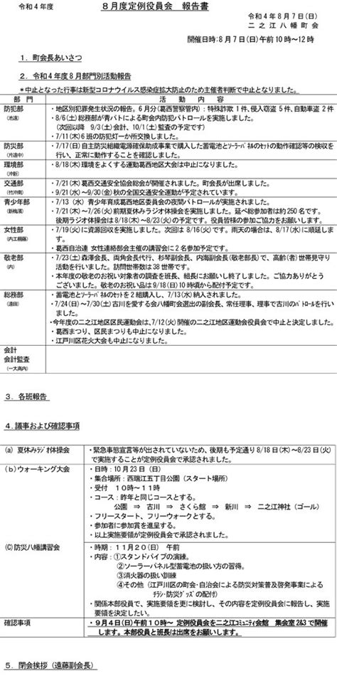 令和4年 8月度定例役員会 報告書 二之江八幡町会