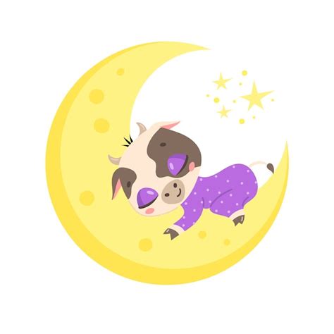 Vaca Bonito Dos Desenhos Animados Dormindo Na Lua Vetor Premium