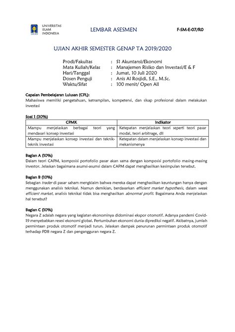 Soal UAS 2020 Dosen Anis MRI UNIVERSITAS ISLAM INDONESIA LEMBAR
