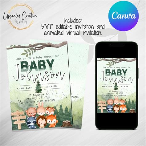 Woodland Animals Baby Shower Invitation, Digital Download, Editable ...