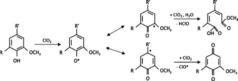 Chlorine dioxide reactions with phenolic rings in lignin (adapted from ...