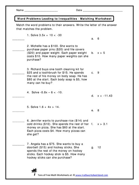 Inequality Word Problems Worksheet