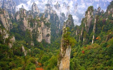 Wulingyuan National Park, China, Forest, Mountain, Clouds, Limestone, Cliff, Trees, Green ...