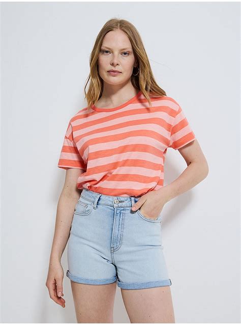 Coral Striped Dipped Hem Pure Cotton T Shirt Women George At Asda