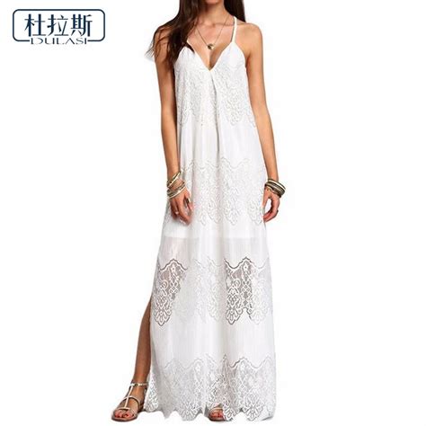 Summer Dress Brand Sexy V Neck Hollow Out Lacework Spaghetti Strap Beach Dress Sleeveless