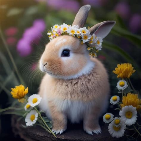 Premium Photo Cute Bunny With Flower Crown Close Up View Generative AI