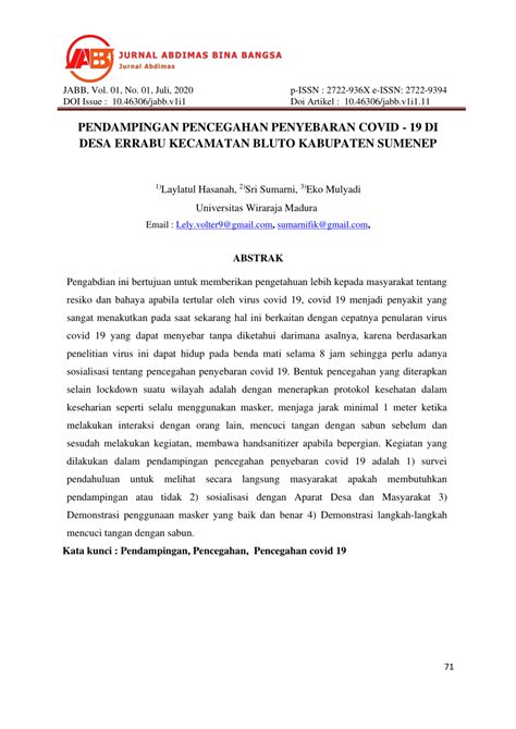 Pdf A Pendampingan Pencegahan Penyebaran Covid Di Desa Errabu