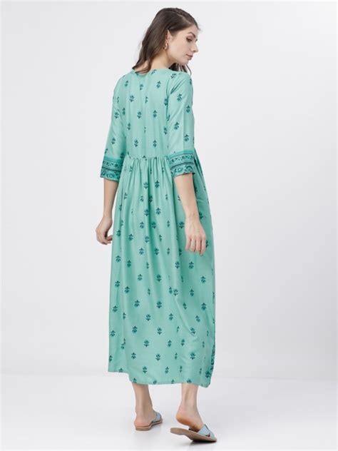 Buy Vishudh Sea Green Printed Flared A Line Dress For Women Online At