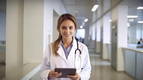 Premium Photo Portrait Of Smiling Female Doctor Wearing Scrubs In