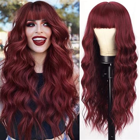 Amazon Aisi Queens Long Wig With Bangs Wine Red Wavy Wigs For