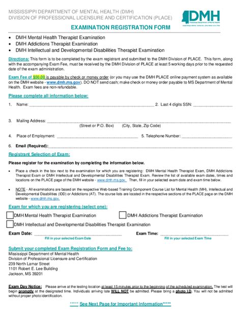 Fillable Online Dmh Ms Govwpexamination Registration Form