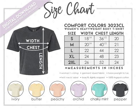 Semi Editable Comfort Colors 3023CL Size Color Chart Comfort Colors