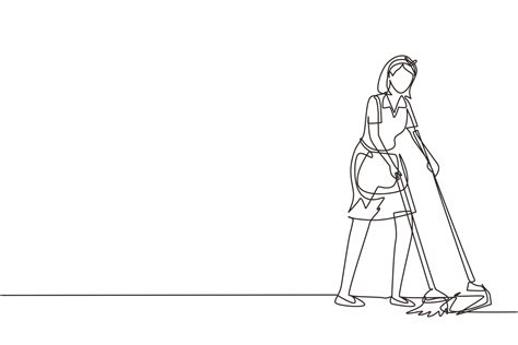 Continuous One Line Drawing Housekeeping Girl Worker With Broom