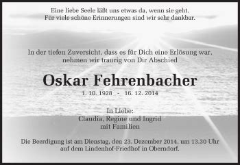 Traueranzeigen von Oskar Fehrenbacher Schwarzwälder Bote Trauer