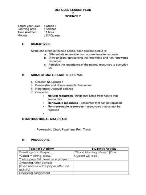 Semi Detailed Lesson Plan In Science 7 Pdf Renewable Resources Lesson Plan