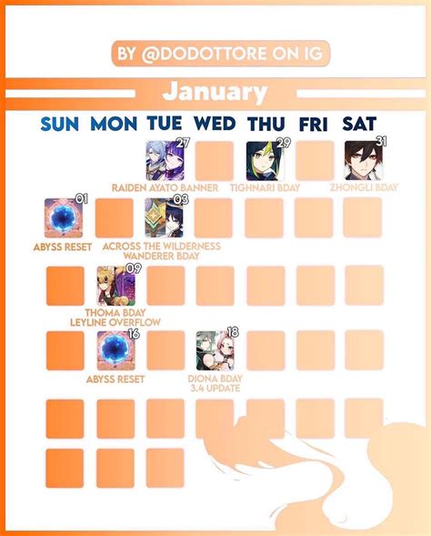 January Calendar Genshin Impact Hoyolab