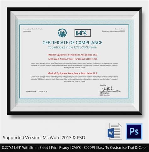 Certificate Of Compliance Psd Word Ai Indesign Designs Inside