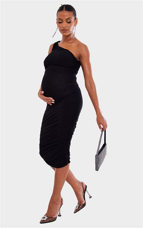 Maternity Black Slinky One Shoulder Maxi Dress Prettylittlething