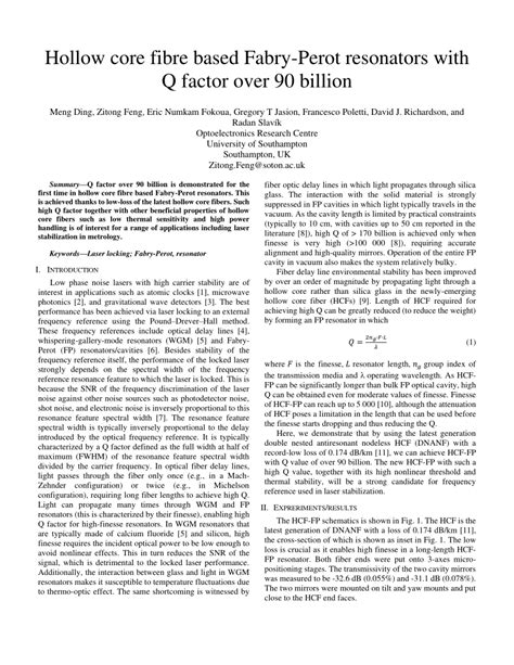 PDF Hollow Core Fibre Based Fabry Perot Resonators With Q Factor Over