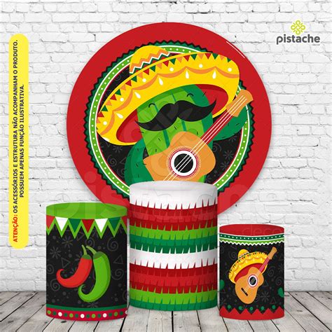 Kit Painel Redondo Capas Cilindro Festa Mexicana Em Tecido