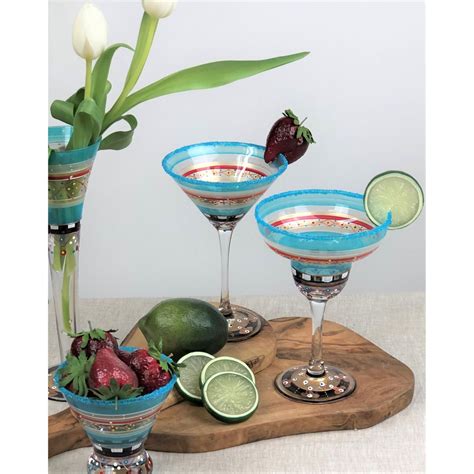 Set Of 2 Blue Mosaic Carnival Confetti Hand Painted Margarita Drinking Glasses 7 Christmas