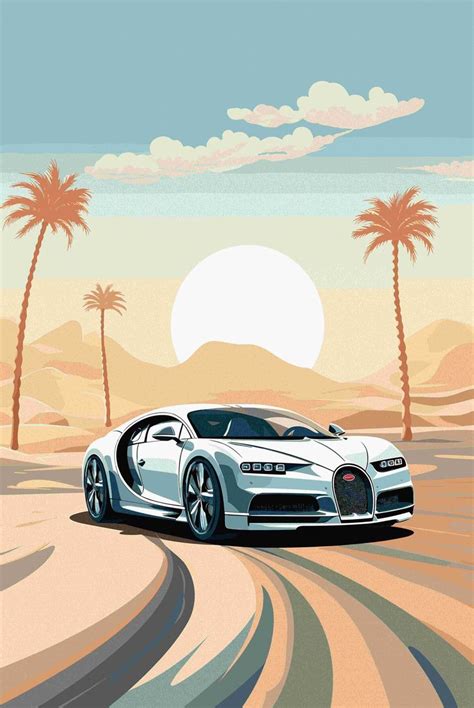 A Bugatti Car Is Driving Through The Desert With Palm Trees In The