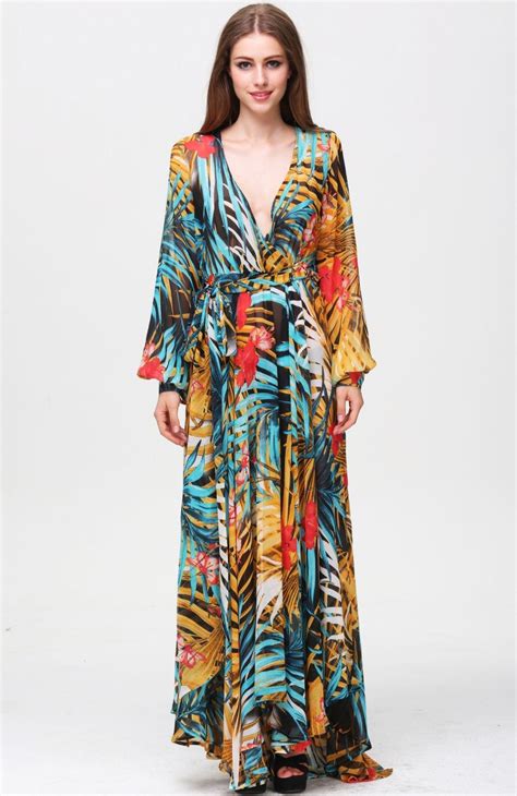 Multicolor V Neck Long Sleeve Floral Maxi Dress Long Sleeve Floral