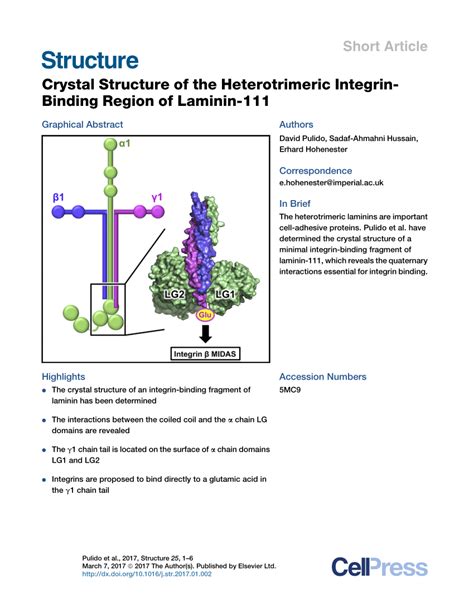 PDF Crystal Structure Of The Heterotrimeric Integrin Binding Region