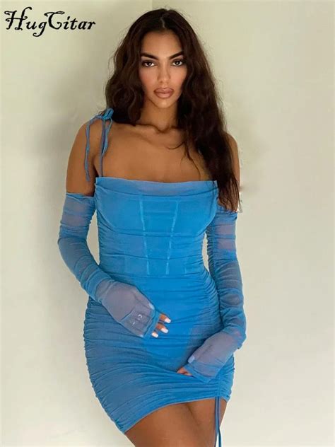 Hugcitar Solid Mesh Halter Long Sleeve Pleated Sexy Mini Dress 2021