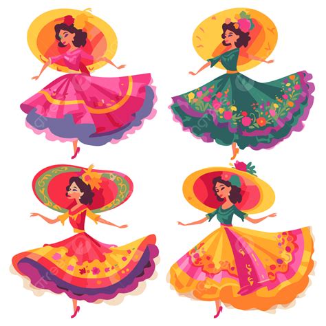 Ballet Folklorico Sticker Clipart Set Of Vector Ladies In Costumes