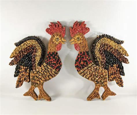 Vtg Seed Art Rooster Wall Plaques Set Of 2 Primitive Etsy Seed