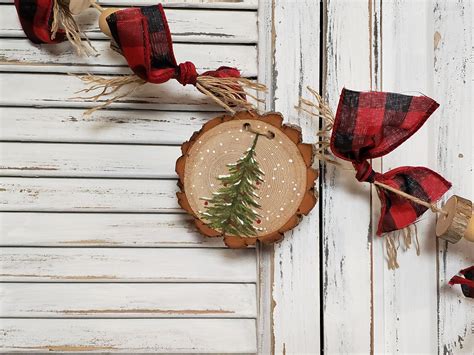 Christmas Bead Garland Red Buffalo Plaid Wood Slice Ornaments Handp