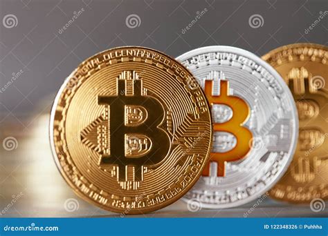 Bitcoin Cryptocurrency Coins. Virtual Money on Table Close Up Stock Photo - Image of high ...