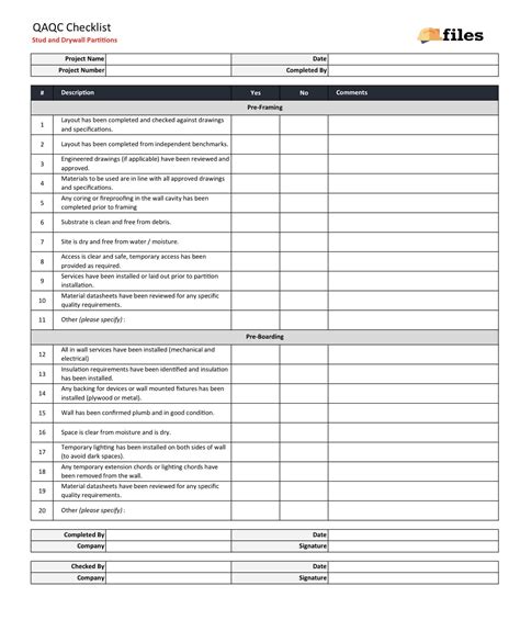 Qaqc Checklist Drywall Partitions Construction Files