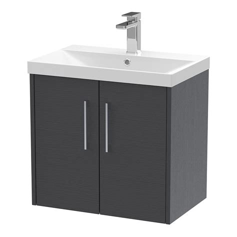 Hudson Reed Juno 600mm Wall Hung 2 Door Vanity Unit And Thin Edge Basin 1th Graphite Grey