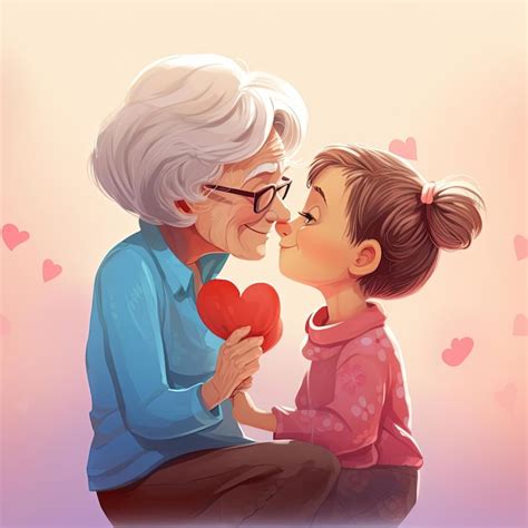 Grandma And Granddaughter Kiss Affection Valentines Day Cartoon