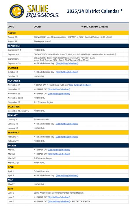 Saline Area Schools Calendar Allis Bendite