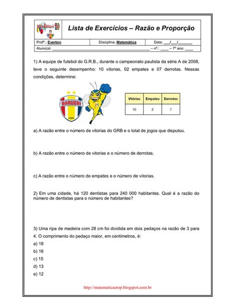 Lista De Exerc Cios Raz O E Propor O Pdf