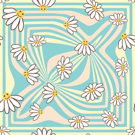 Retro Smile Chamomile Seamless Pattern On Wavy Swirl Seamless