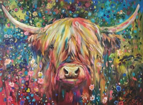 Colourful Unique Highland Cow Oil Painting, Bespoke Canvas by Sue ...